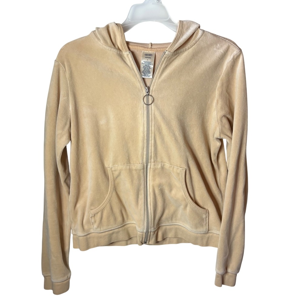 Y2K Old Navy Velour Zip Up Hoodie Womens L Beige Tan McBling Loungewear